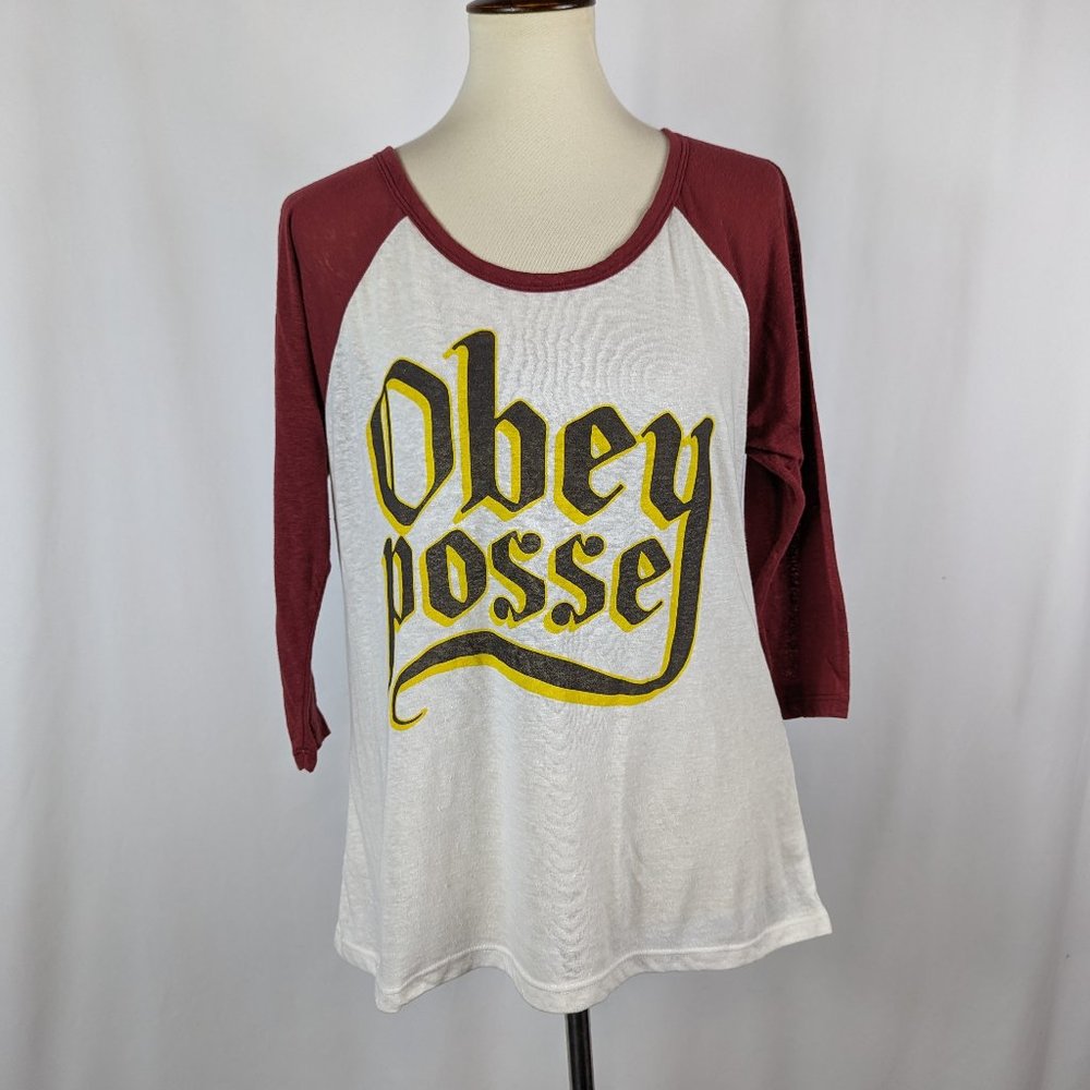 Obey Raglan Long Sleeve Tee in White and Burgundy with Yellow Graphic